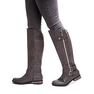 Rampage Womens Hansel Knee High Fashion Boots grey with zipper and buckles